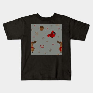 Moose and Cardinal Woodland Pattern Kids T-Shirt